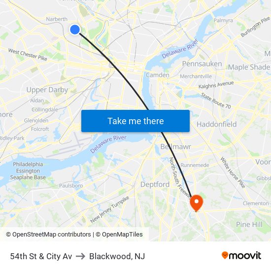 54th St & City Av to Blackwood, NJ map