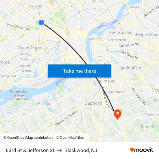 63rd St & Jefferson St to Blackwood, NJ map