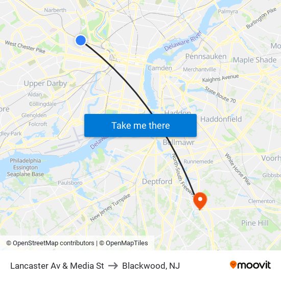 Lancaster Av & Media St to Blackwood, NJ map
