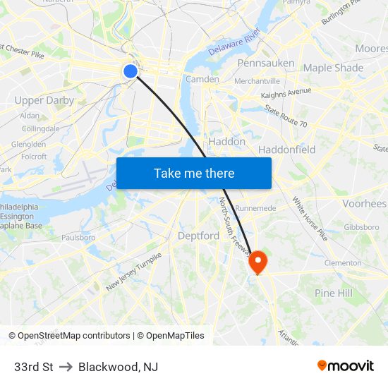 33rd St to Blackwood, NJ map