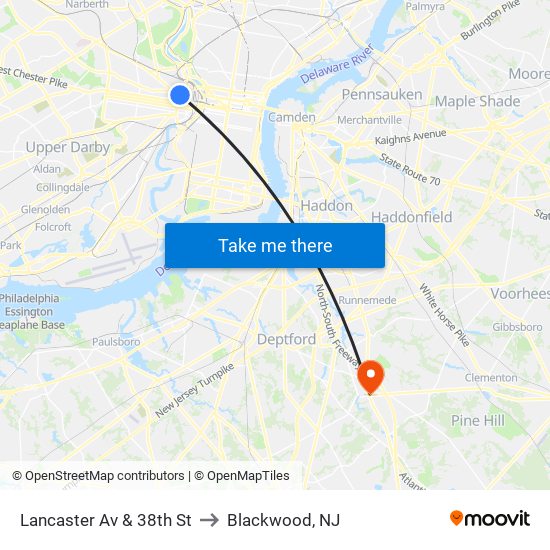 Lancaster Av & 38th St to Blackwood, NJ map