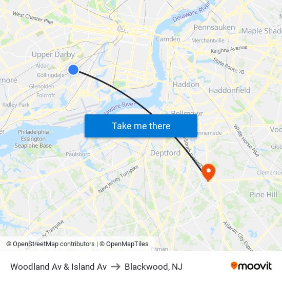 Woodland Av & Island Av to Blackwood, NJ map