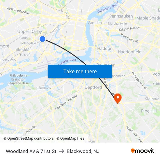 Woodland Av & 71st St to Blackwood, NJ map