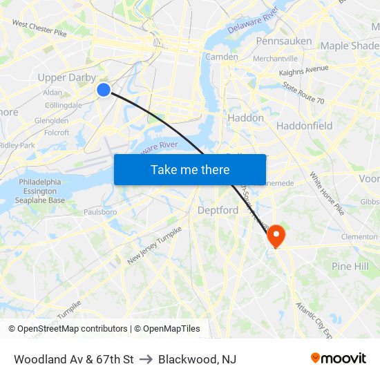 Woodland Av & 67th St to Blackwood, NJ map