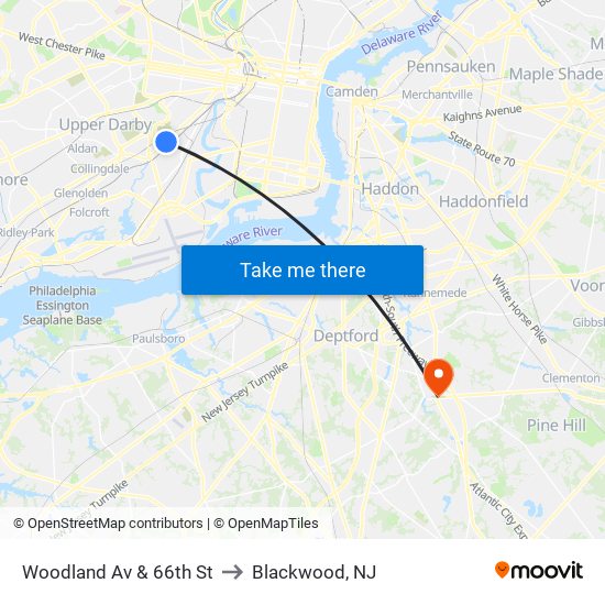 Woodland Av & 66th St to Blackwood, NJ map