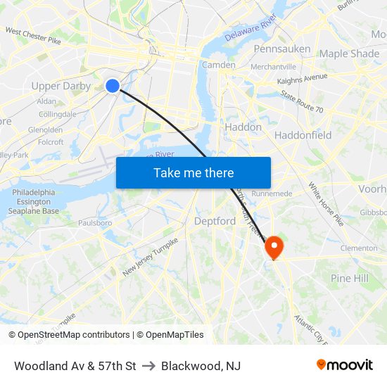 Woodland Av & 57th St to Blackwood, NJ map