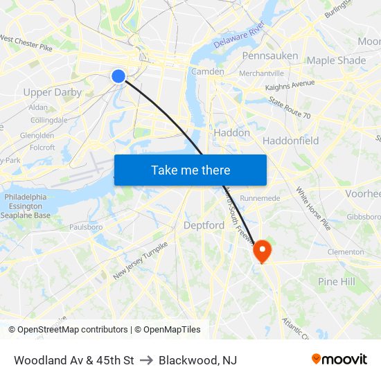 Woodland Av & 45th St to Blackwood, NJ map