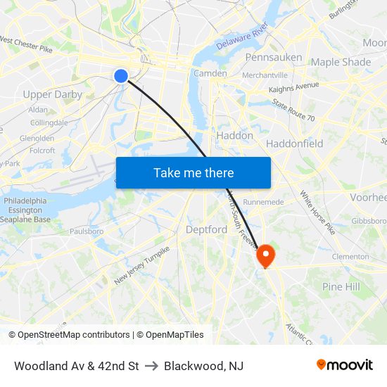 Woodland Av & 42nd St to Blackwood, NJ map