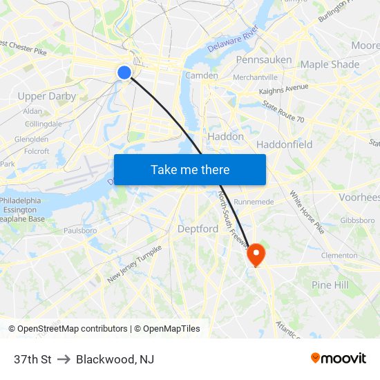 37th St to Blackwood, NJ map