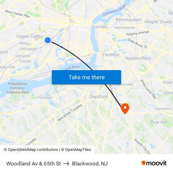 Woodland Av & 65th St to Blackwood, NJ map