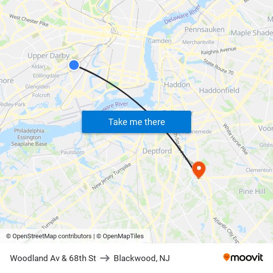 Woodland Av & 68th St to Blackwood, NJ map