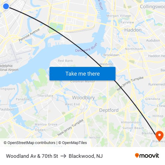 Woodland Av & 70th St to Blackwood, NJ map