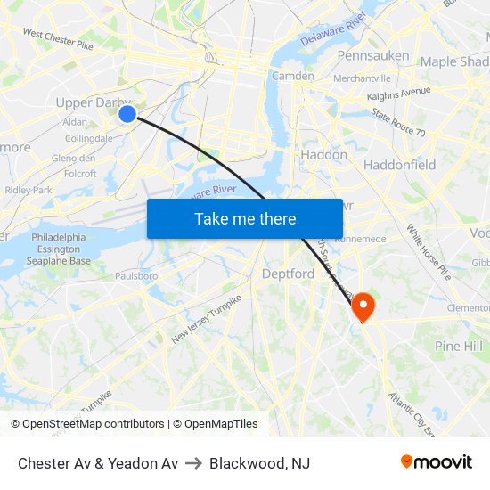 Chester Av & Yeadon Av to Blackwood, NJ map