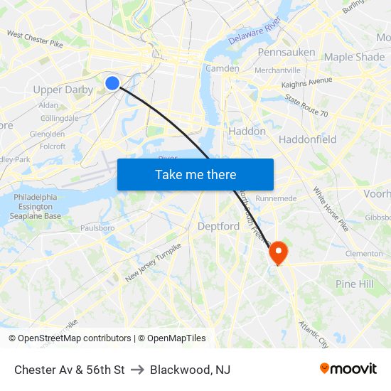 Chester Av & 56th St to Blackwood, NJ map