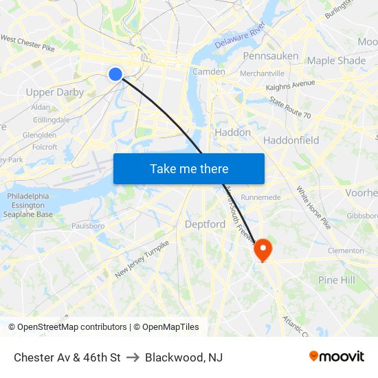 Chester Av & 46th St to Blackwood, NJ map
