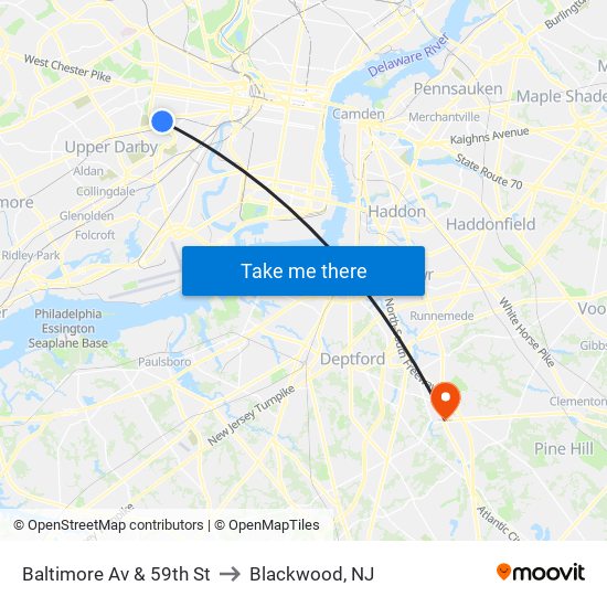 Baltimore Av & 59th St to Blackwood, NJ map