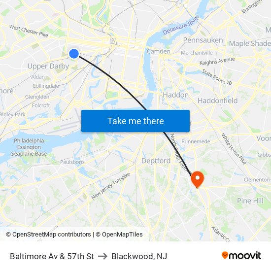 Baltimore Av & 57th St to Blackwood, NJ map