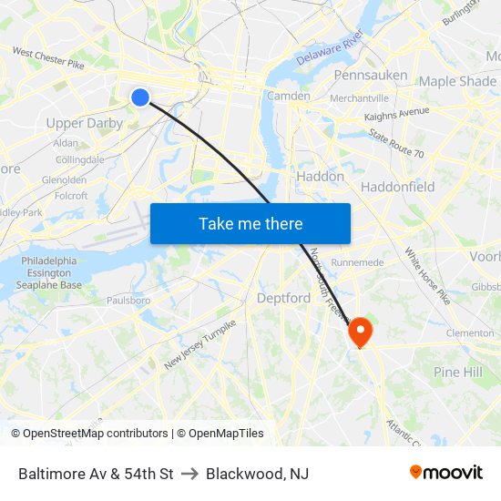 Baltimore Av & 54th St to Blackwood, NJ map