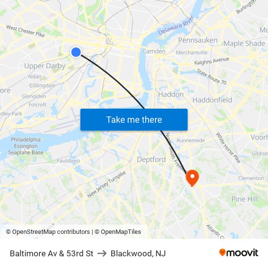 Baltimore Av & 53rd St to Blackwood, NJ map