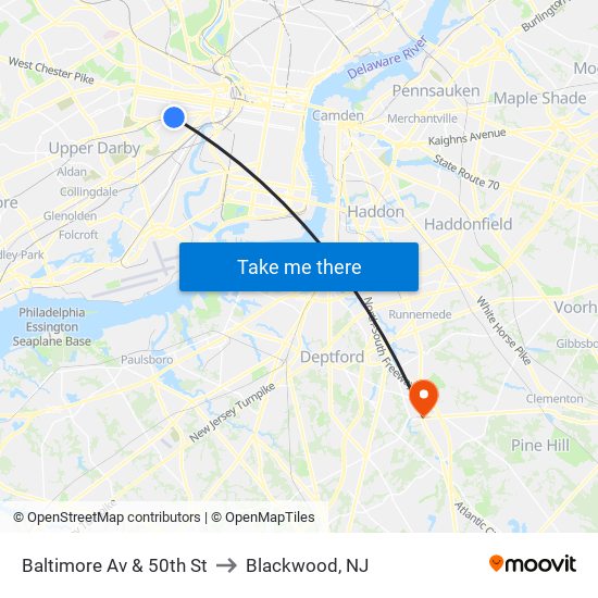 Baltimore Av & 50th St to Blackwood, NJ map