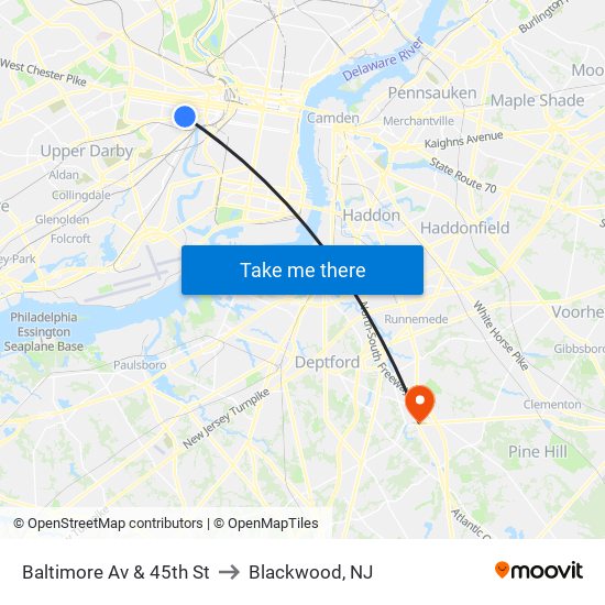 Baltimore Av & 45th St to Blackwood, NJ map