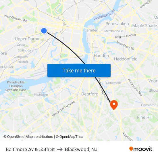 Baltimore Av & 55th St to Blackwood, NJ map