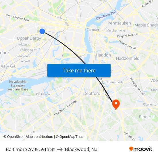 Baltimore Av & 59th St to Blackwood, NJ map