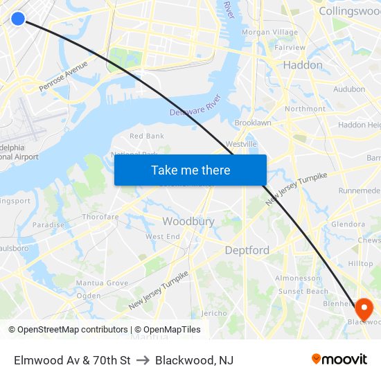 Elmwood Av & 70th St to Blackwood, NJ map