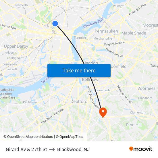 Girard Av & 27th St to Blackwood, NJ map
