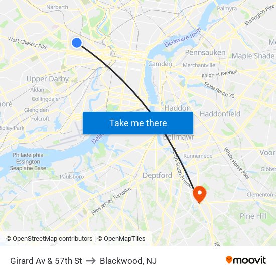 Girard Av & 57th St to Blackwood, NJ map