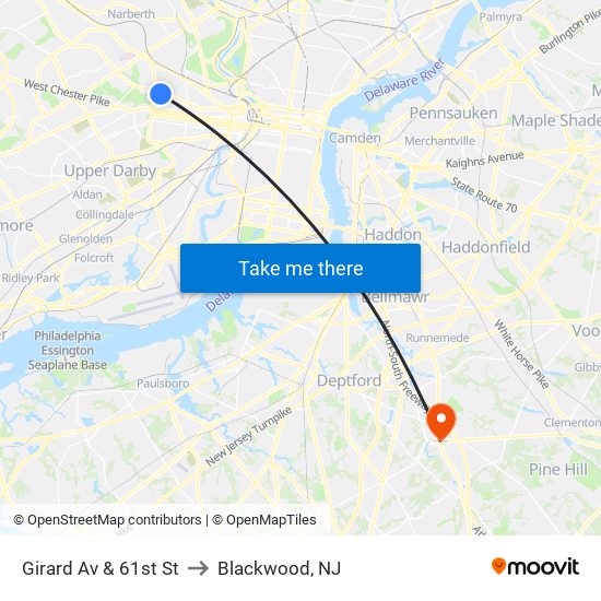 Girard Av & 61st St to Blackwood, NJ map