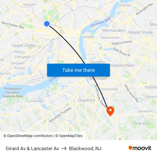 Girard Av & Lancaster Av to Blackwood, NJ map