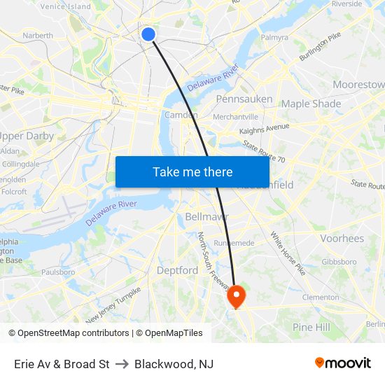 Erie Av & Broad St to Blackwood, NJ map