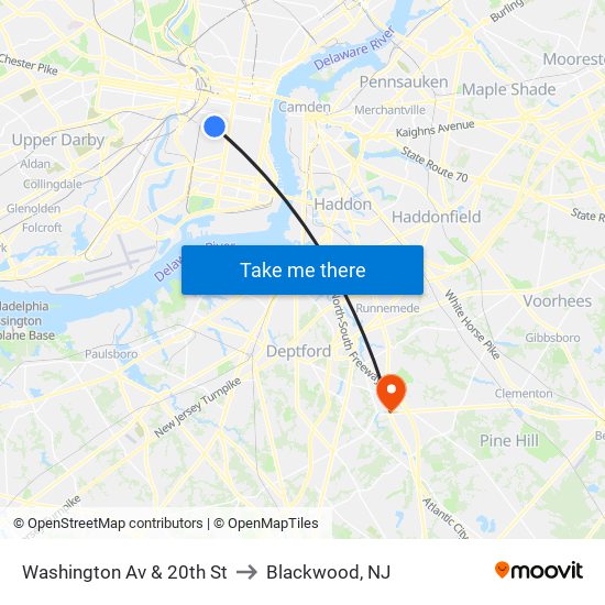 Washington Av & 20th St to Blackwood, NJ map