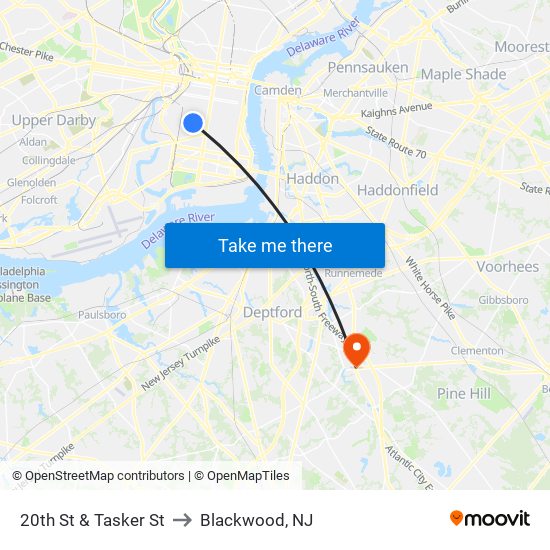 20th St & Tasker St to Blackwood, NJ map