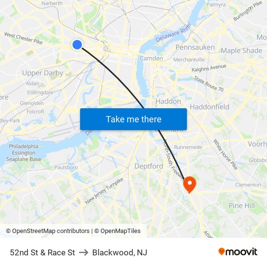 52nd St & Race St to Blackwood, NJ map