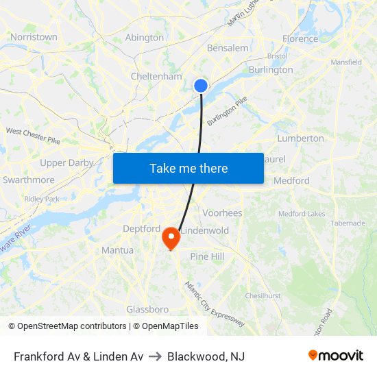 Frankford Av & Linden Av to Blackwood, NJ map