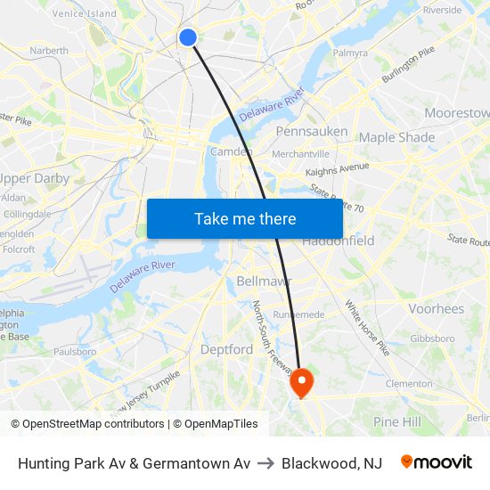 Hunting Park Av & Germantown Av to Blackwood, NJ map