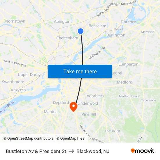 Bustleton Av & President St to Blackwood, NJ map