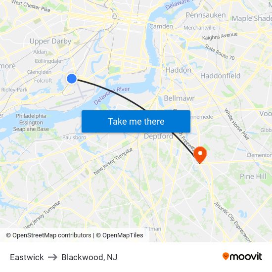 Eastwick to Blackwood, NJ map