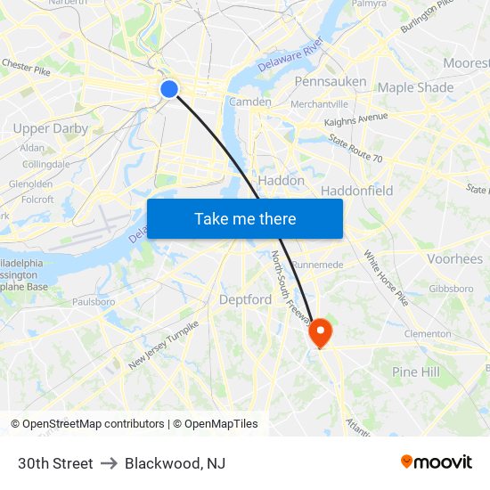 30th Street to Blackwood, NJ map