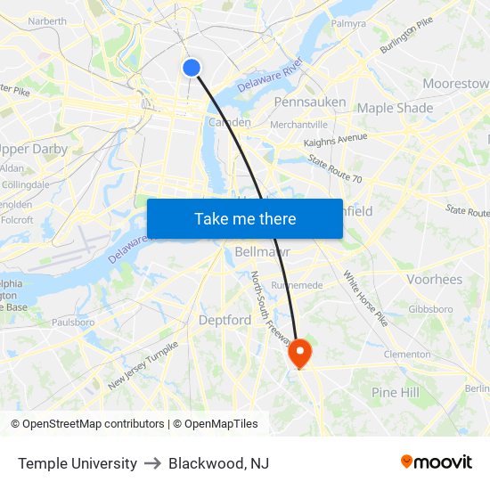 Temple University to Blackwood, NJ map