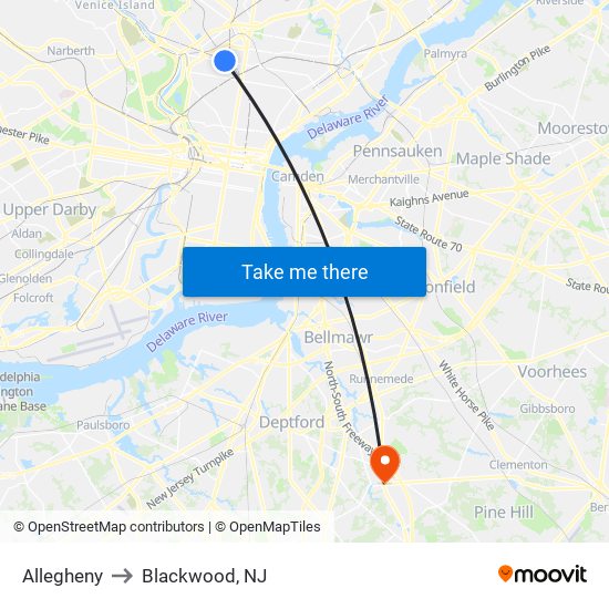 Allegheny to Blackwood, NJ map