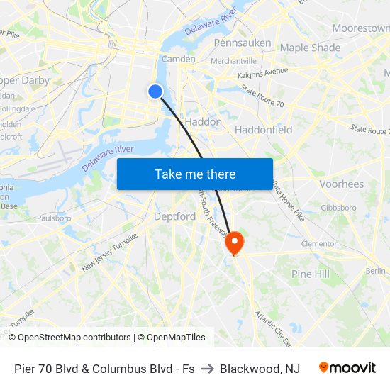 Pier 70 Blvd & Columbus Blvd - Fs to Blackwood, NJ map