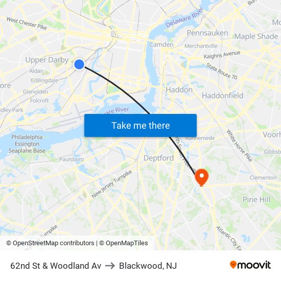 62nd St & Woodland Av to Blackwood, NJ map