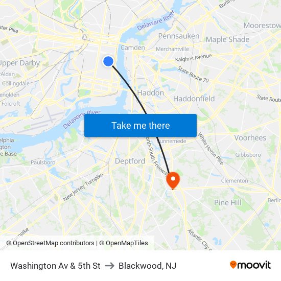 Washington Av & 5th St to Blackwood, NJ map