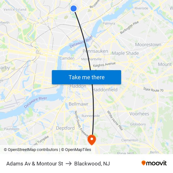 Adams Av & Montour St to Blackwood, NJ map