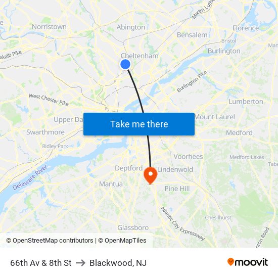 66th Av & 8th St to Blackwood, NJ map