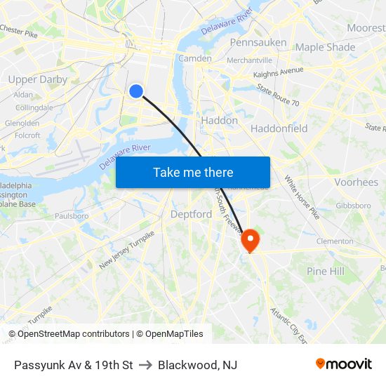 Passyunk Av & 19th St to Blackwood, NJ map