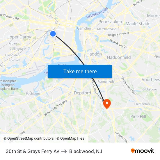 30th St & Grays Ferry Av to Blackwood, NJ map